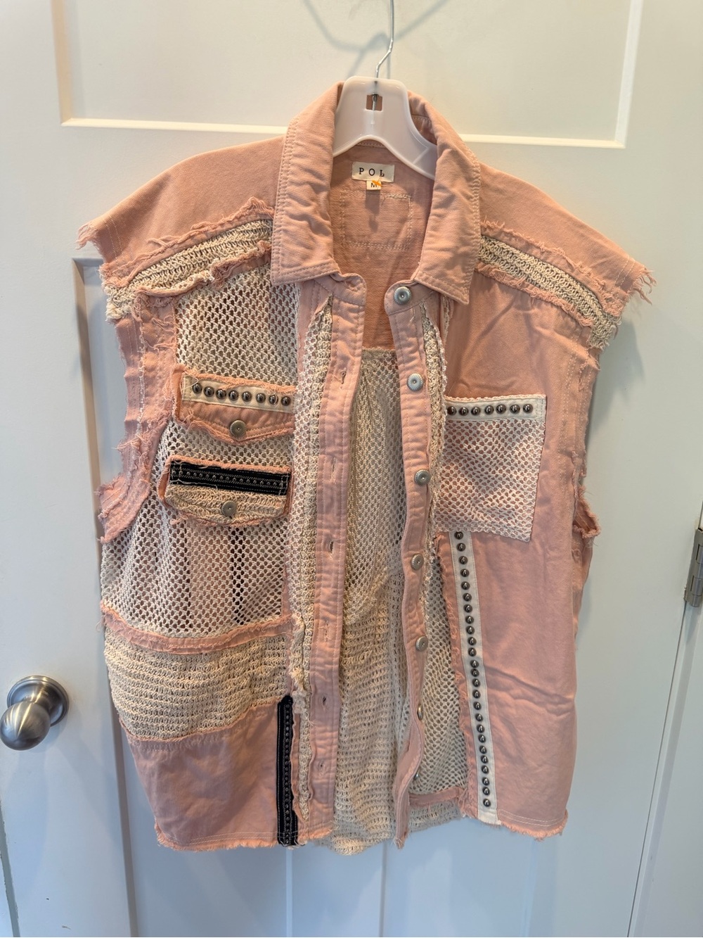 POL Boho Crochet Mesh Studded Utility Vest Blush Pink Raw Edge Medium